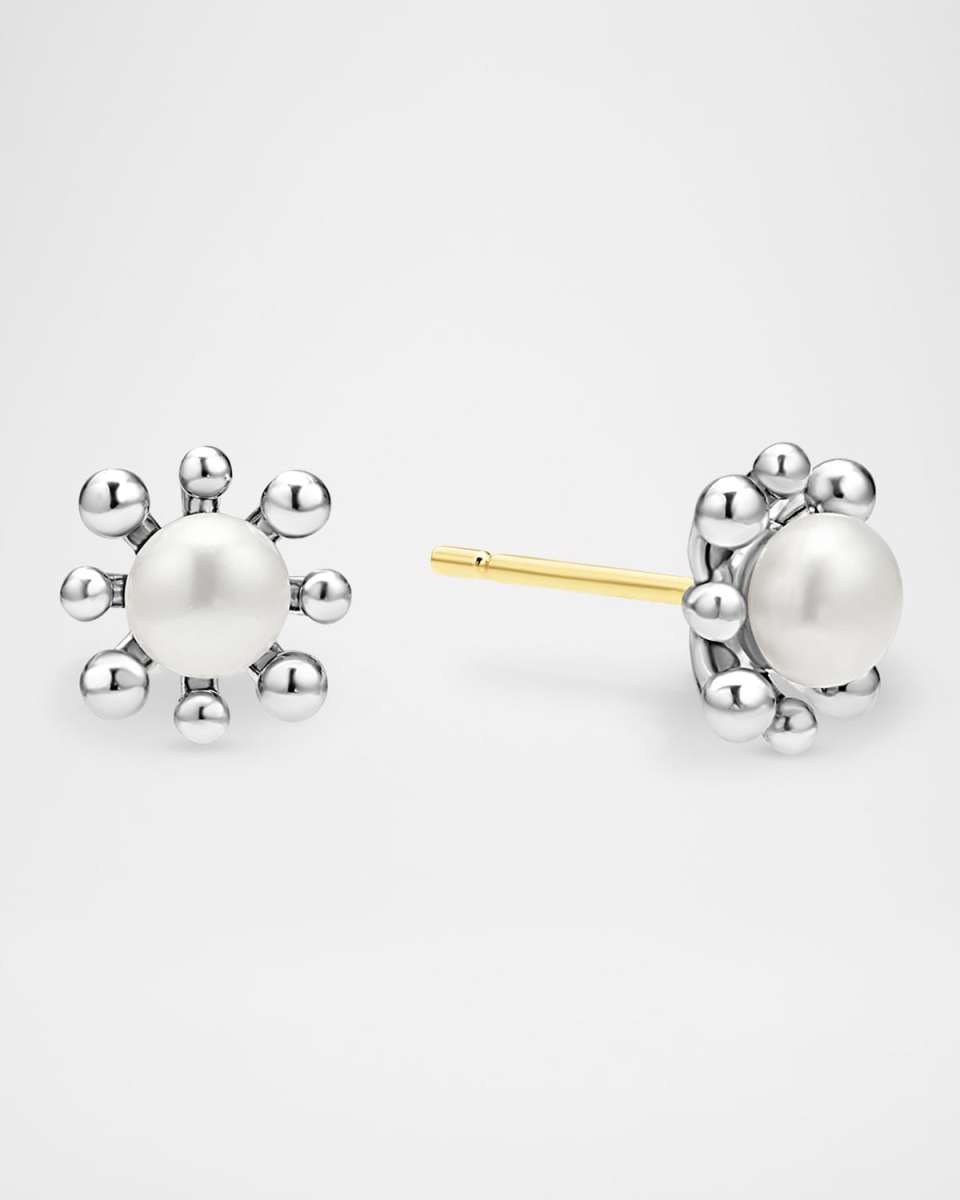 Luna Fleur Floral Pearl Stud Earrings in Sterling Silver